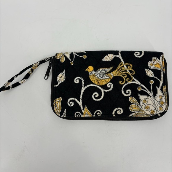 Vera Bradley Zip Around Wallet Wristlet Quilted Black Yellow Brid Floral 8 Inch - Picture 4 of 8